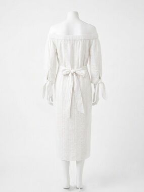 NWOT The Yellow Hanger White Eyelet Off-the-Shoulder Midi Dress Tie Waist Midi